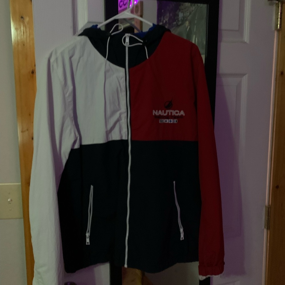 Nautica windbreaker , worn once. Navy blue, Red & White.